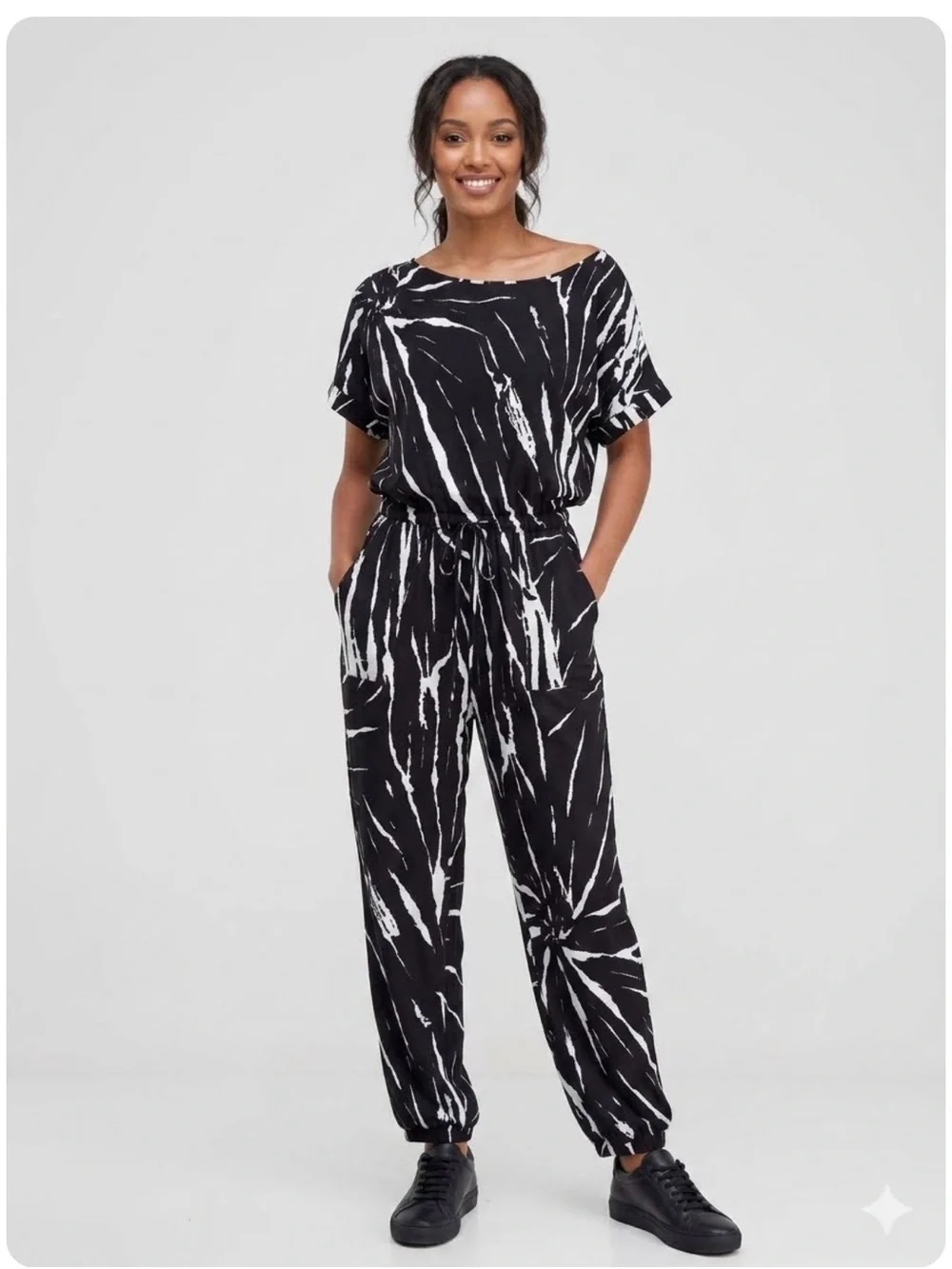 Black White Abstract Chic One Piece Jogger Jumpsuit Short Sleeves Pockets XL